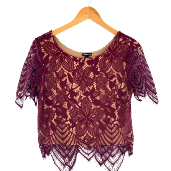 Express Wine Lace Overlay Lined Crop Top - Picture 4 of 9